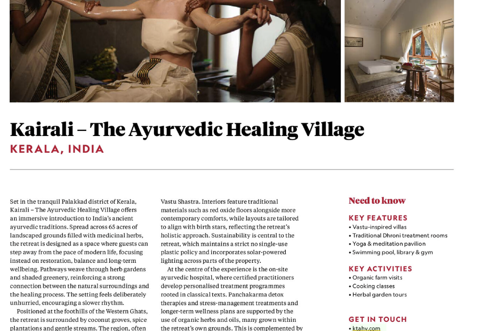 Kairali National Geographic Traveller 2026 feature showcasing The Ayurvedic Healing Village in Palakkad, Kerala, with Ayurvedic therapies, lush gardens and accommodation.