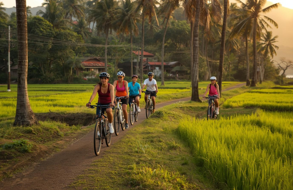 Tourists cycling along a palm-lined countryside path, exploring South Goa without a scooter amid green fields and tropical scenery.