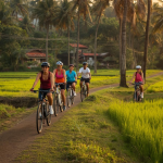 Tourists cycling along a palm-lined countryside path, exploring South Goa without a scooter amid green fields and tropical scenery.