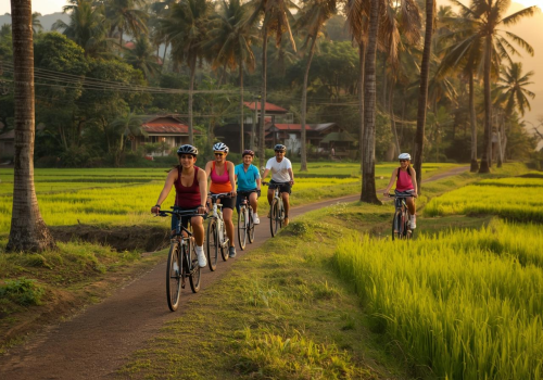 Tourists cycling along a palm-lined countryside path, exploring South Goa without a scooter amid green fields and tropical scenery.