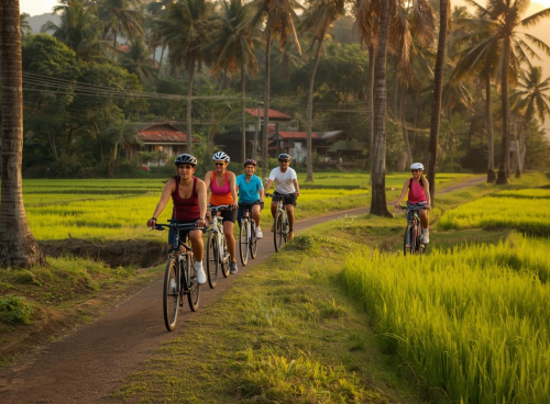 Tourists cycling along a palm-lined countryside path, exploring South Goa without a scooter amid green fields and tropical scenery.