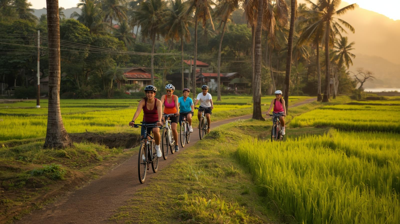 Tourists cycling along a palm-lined countryside path, exploring South Goa without a scooter amid green fields and tropical scenery.