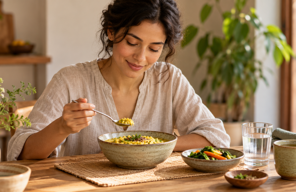 Breaking a fast according to Ayurveda with a woman enjoying a light, nourishing meal of rice, lentils and cooked vegetables.
