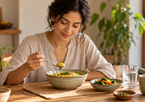 Breaking a fast according to Ayurveda with a woman enjoying a light, nourishing meal of rice, lentils and cooked vegetables.
