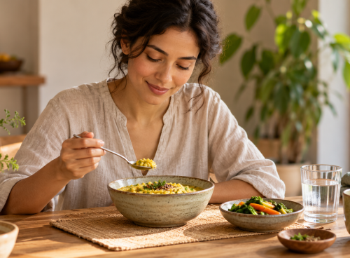 Breaking a fast according to Ayurveda with a woman enjoying a light, nourishing meal of rice, lentils and cooked vegetables.