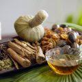 Ayurvedic medicinal plant sourcing with herbs, spices, oils and a traditional herbal pouch