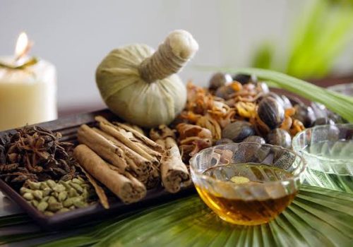 Ayurvedic medicinal plant sourcing with herbs, spices, oils and a traditional herbal pouch