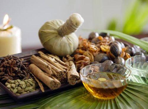 Ayurvedic medicinal plant sourcing with herbs, spices, oils and a traditional herbal pouch