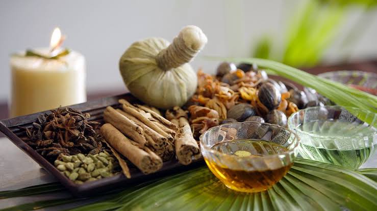 Ayurvedic medicinal plant sourcing with herbs, spices, oils and a traditional herbal pouch